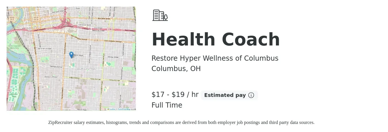 Restore Hyper Wellness of Columbus job posting for a Health Coach in Columbus, OH with a salary of $18 to $20 Hourly with a map of Columbus location.