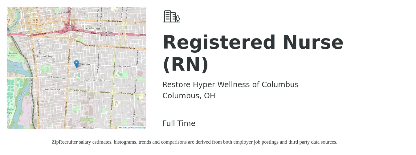 Restore Hyper Wellness of Columbus job posting for a Registered Nurse (RN) in Columbus, OH with a salary of $32 to $50 Hourly with a map of Columbus location.