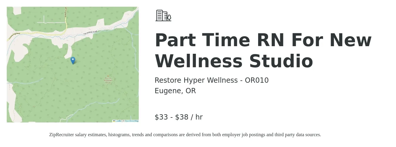 Restore Hyper Wellness - OR010 job posting for a Part Time RN For New Wellness Studio in Eugene, OR with a salary of $35 to $40 Hourly with a map of Eugene location.
