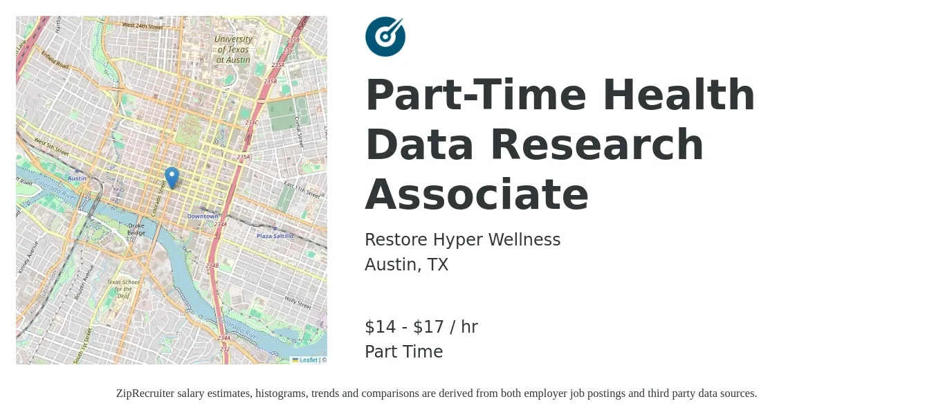 Restore Hyper Wellness job posting for a Part-Time Health Data Research Associate in Austin, TX with a salary of $15 to $18 Hourly with a map of Austin location.