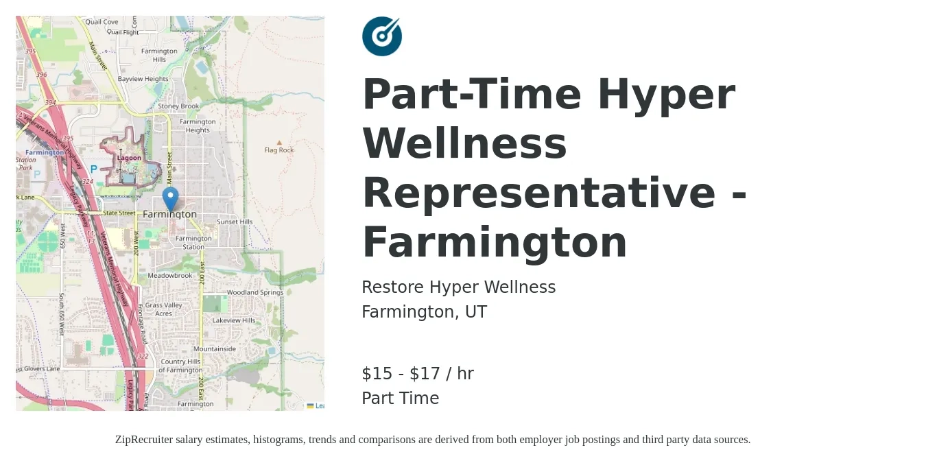 Restore Hyper Wellness job posting for a Part-Time Hyper Wellness Representative - Farmington in Farmington, UT with a salary of $16 to $18 Hourly with a map of Farmington location.