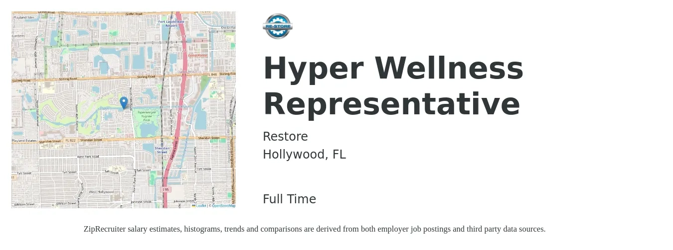 Restore job posting for a Hyper Wellness Representative in Hollywood, FL with a salary of $14 to $22 Hourly with a map of Hollywood location.