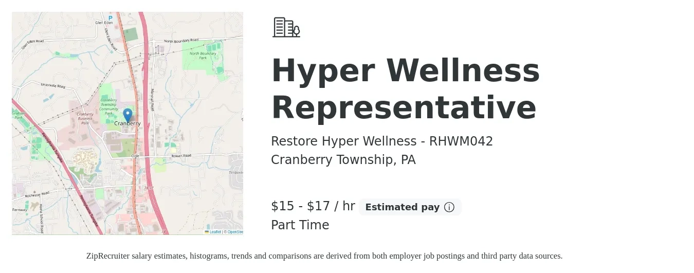 Restore Hyper Wellness - RHWM042 job posting for a Hyper Wellness Representative in Cranberry Township, PA with a salary of $16 to $18 Hourly with a map of Cranberry Township location.