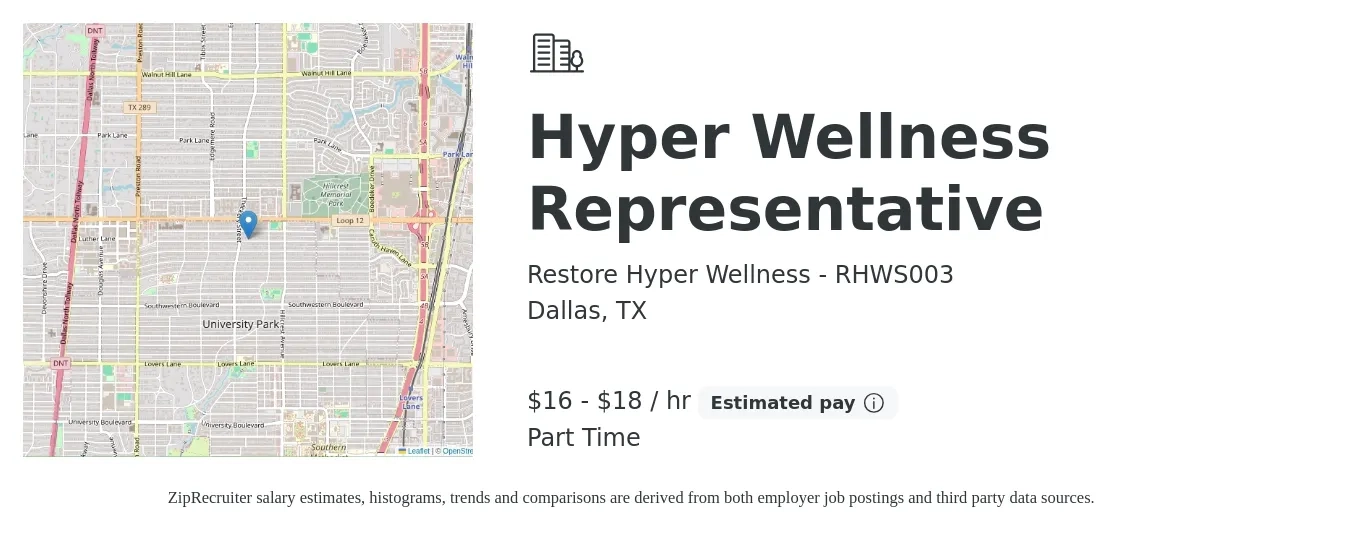 Restore Hyper Wellness - RHWS003 job posting for a Hyper Wellness Representative in Dallas, TX with a salary of $17 to $24 Hourly with a map of Dallas location.