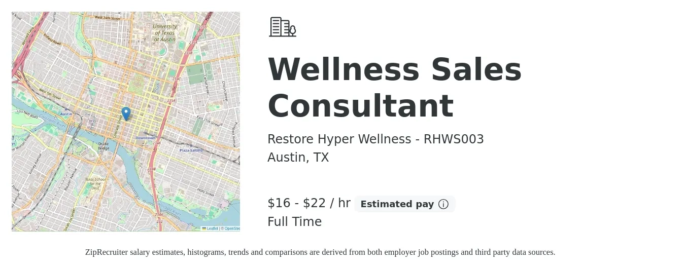 Restore Hyper Wellness - RHWS003 job posting for a Wellness Sales Consultant in Austin, TX with a salary of $17 to $21 Hourly with a map of Austin location.