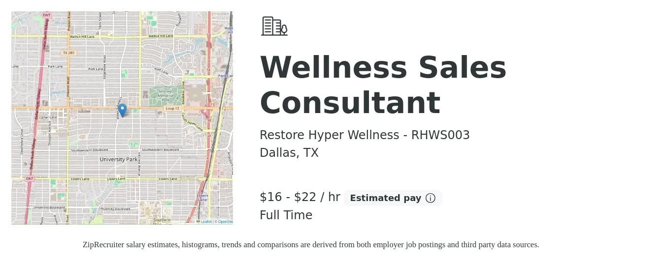 Restore Hyper Wellness - RHWS003 job posting for a Wellness Sales Consultant in Dallas, TX with a salary of $17 to $23 Hourly with a map of Dallas location.