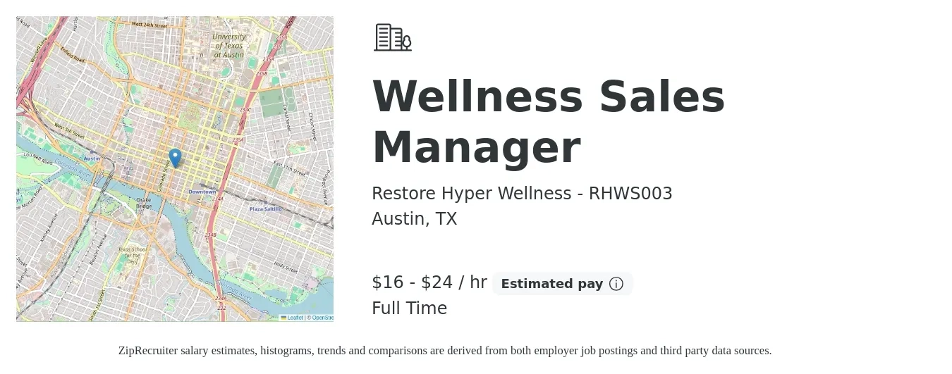 Restore Hyper Wellness - RHWS003 job posting for a Wellness Sales Manager in Austin, TX with a salary of $17 to $25 Hourly with a map of Austin location.