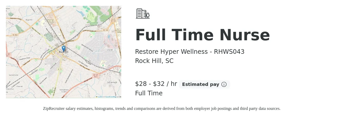 Restore Hyper Wellness - RHWS043 job posting for a Full Time Nurse in Rock Hill, SC with a salary of $30 to $34 Hourly with a map of Rock Hill location.