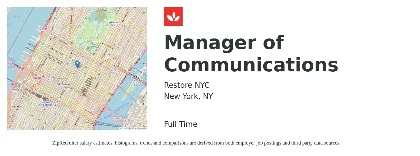 Restore NYC job posting for a Manager of Communications in New York, NY with a salary of $72,700 to $107,300 Yearly with a map of New York location.