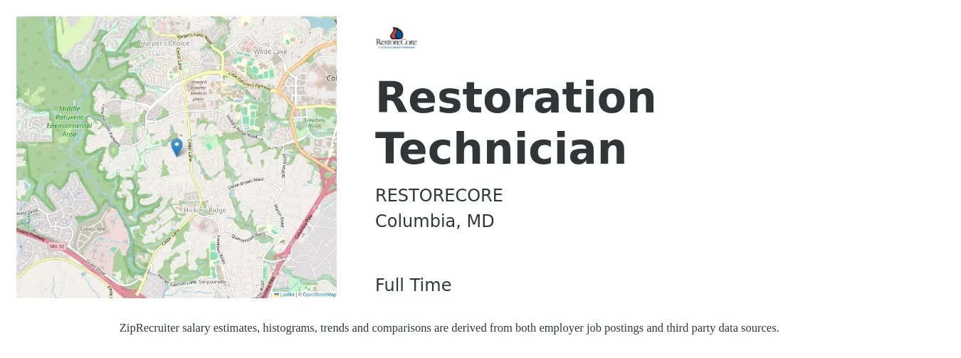 RESTORECORE job posting for a Restoration Technician in Columbia, MD with a salary of $16 to $20 Hourly with a map of Columbia location.