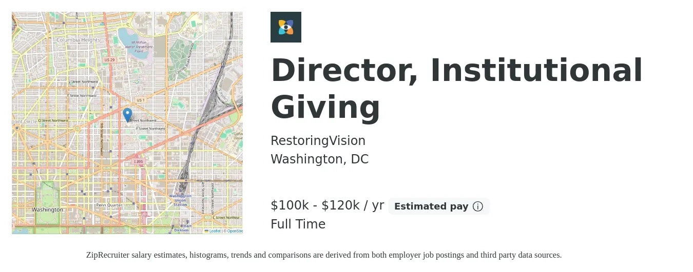 RestoringVision job posting for a Director, Institutional Giving in Washington, DC with a salary of $100,000 to $120,000 Yearly with a map of Washington location.