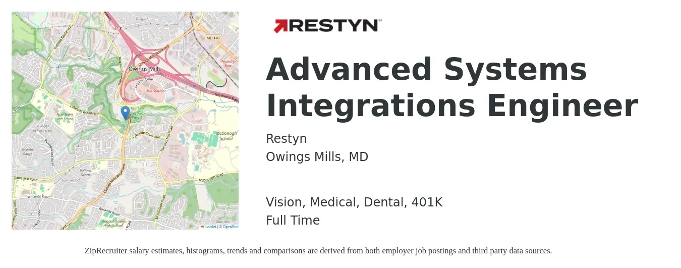 Restyn job posting for a Advanced Systems Integrations Engineer in Owings Mills, MD with a salary of $160,400 Yearly and benefits including vision, 401k, dental, life_insurance, and medical with a map of Owings Mills location.