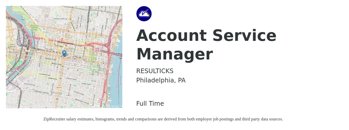 RESULTICKS job posting for a Account Service Manager in Philadelphia, PA with a salary of $46,900 to $82,200 Yearly with a map of Philadelphia location.