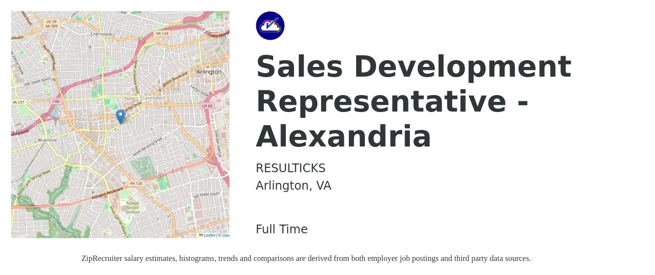RESULTICKS job posting for a Sales Development Representative - Alexandria in Arlington, VA with a salary of $42,800 to $62,100 Yearly with a map of Arlington location.