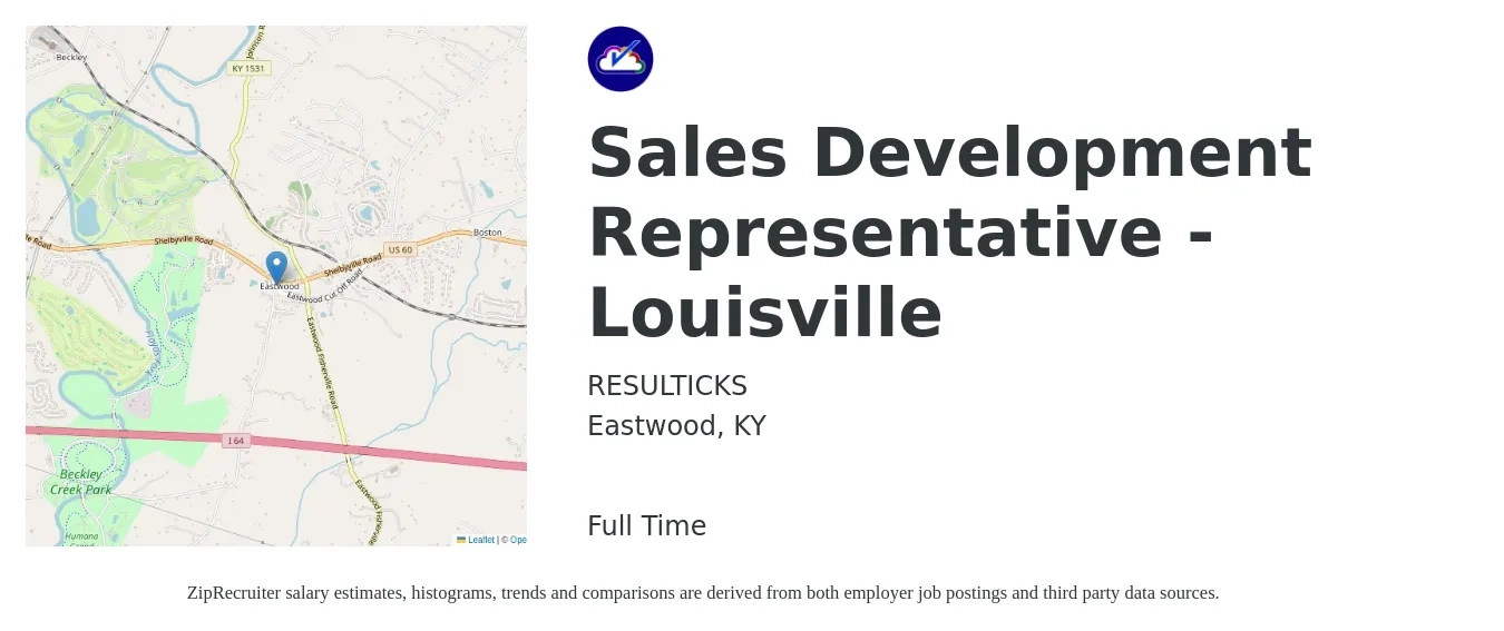 RESULTICKS job posting for a Sales Development Representative - Louisville in Eastwood, KY with a salary of $41,700 to $60,600 Yearly with a map of Eastwood location.