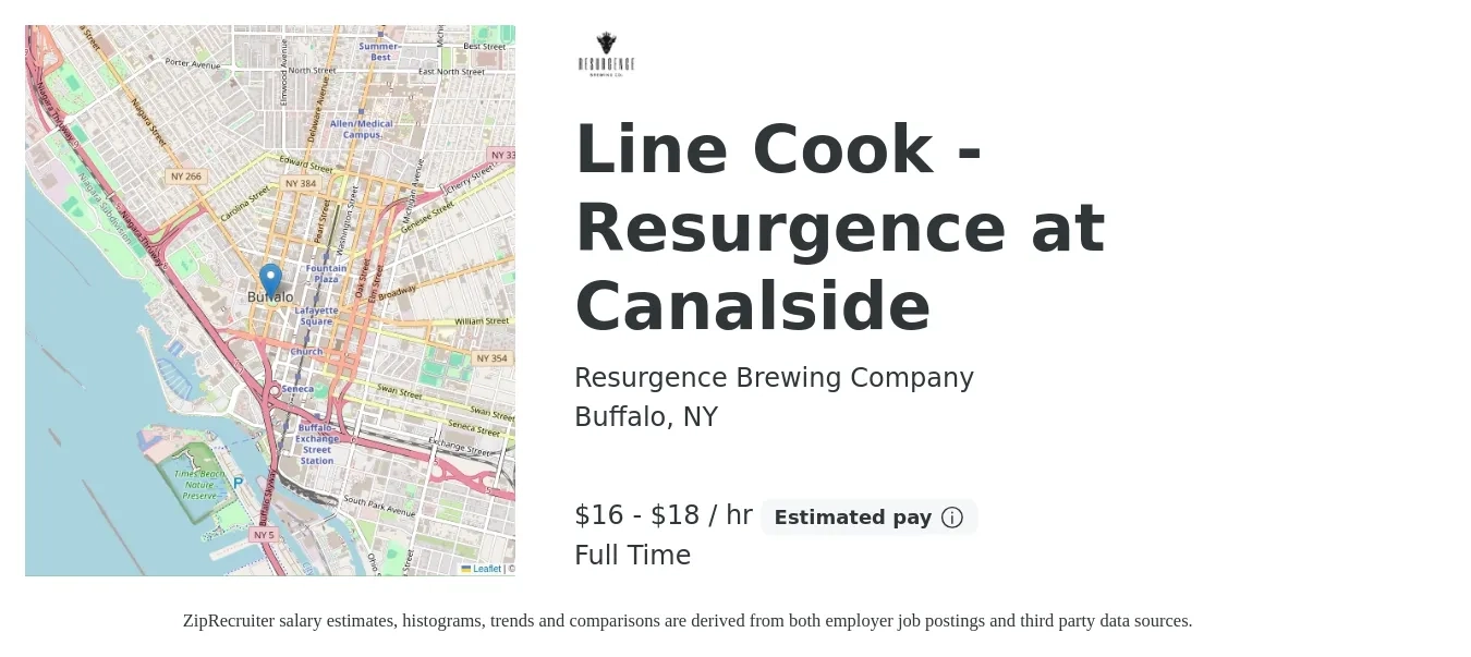 Resurgence Brewing Company job posting for a Line Cook - Resurgence at Canalside in Buffalo, NY with a salary of $17 to $19 Hourly with a map of Buffalo location.
