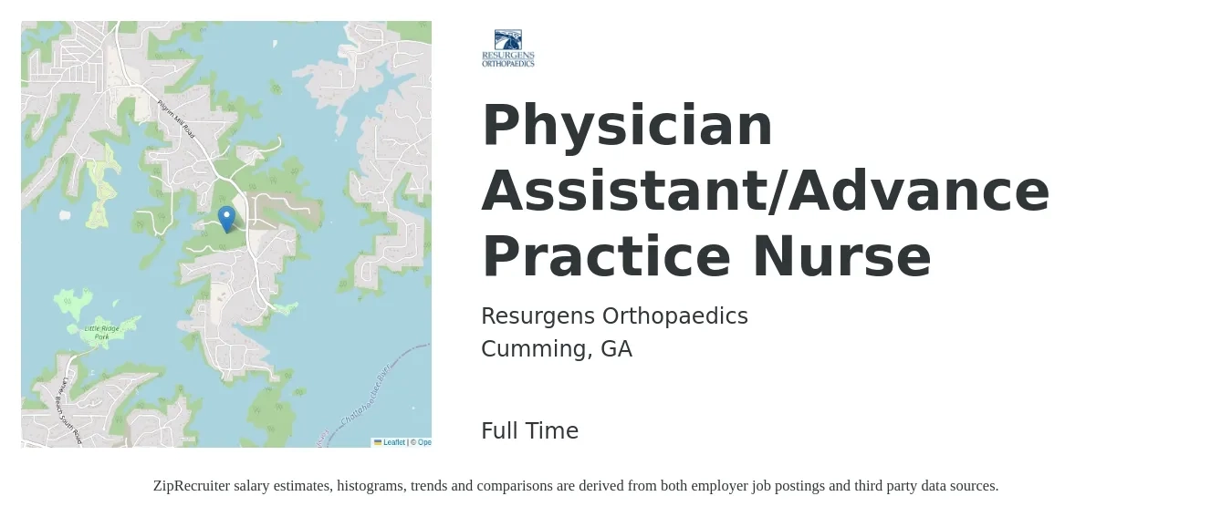 Resurgens Orthopaedics job posting for a Physician Assistant/Advance Practice Nurse in Cumming, GA with a salary of $89,000 to $120,600 Yearly with a map of Cumming location.
