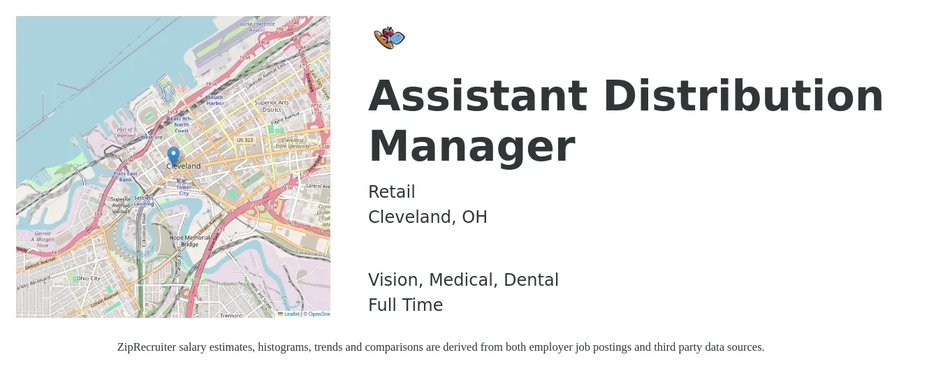 Retail job posting for a Assistant Distribution Manager in Cleveland, OH with a salary of $18 to $29 Hourly and benefits including medical, pto, retirement, vision, dental, and life_insurance with a map of Cleveland location.