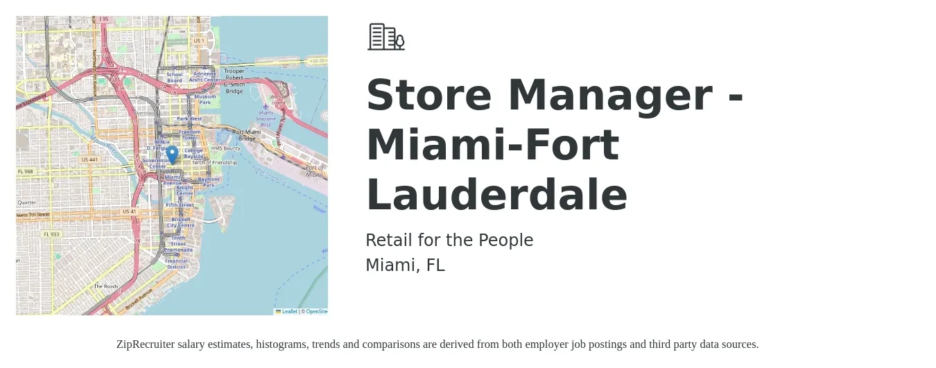 Retail for the People job posting for a Store Manager - Miami-Fort Lauderdale in Miami, FL with a salary of $17 to $26 Hourly with a map of Miami location.