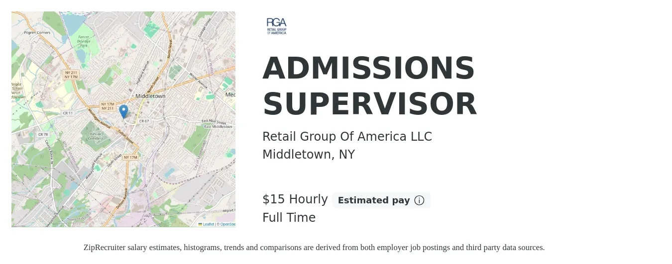 Retail Group Of America LLC job posting for a ADMISSIONS SUPERVISOR in Middletown, NY with a salary of $16 Hourly with a map of Middletown location.