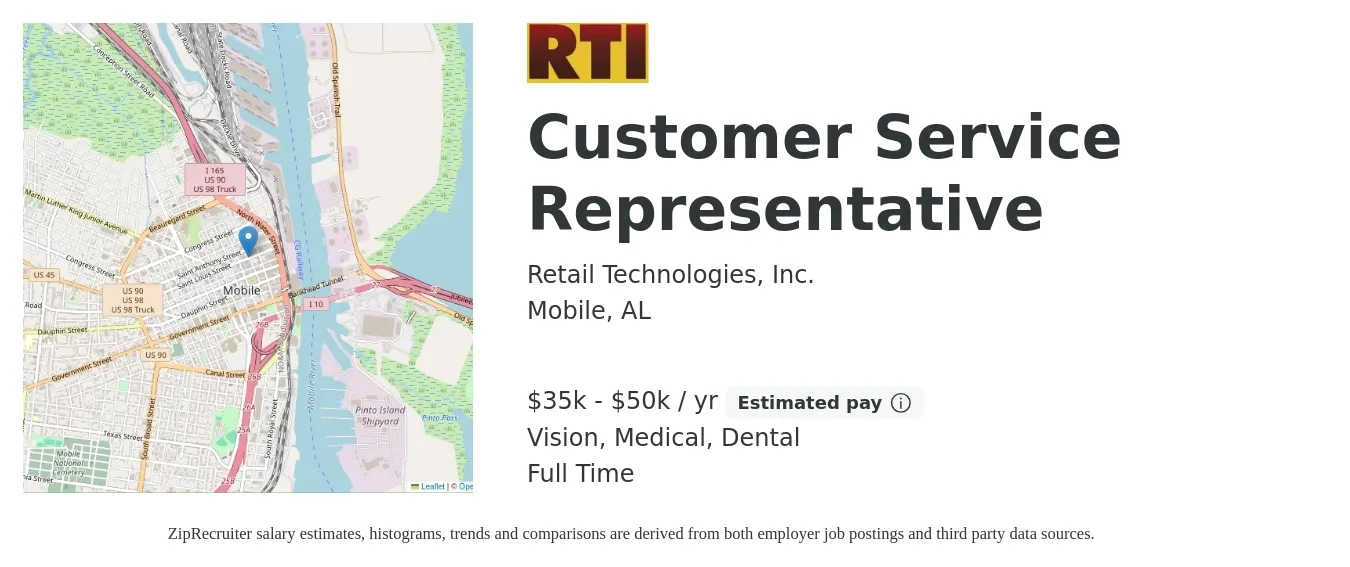 Retail Technologies, Inc. job posting for a Customer Service Representative in Mobile, AL with a salary of $35,000 to $50,000 Yearly and benefits including vision, dental, medical, and pto with a map of Mobile location.