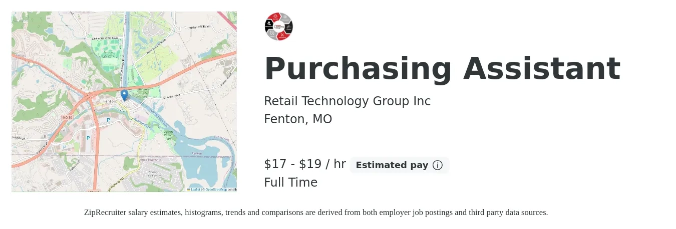 Retail Technology Group Inc job posting for a Purchasing Assistant in Fenton, MO with a salary of $18 to $20 Hourly with a map of Fenton location.