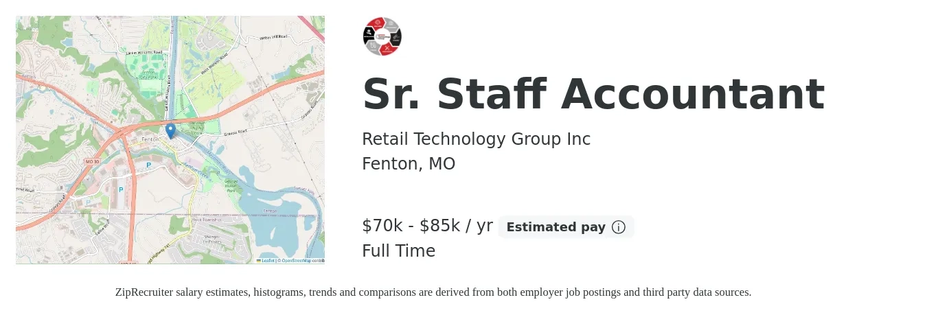 Retail Technology Group Inc job posting for a Sr. Staff Accountant in Fenton, MO with a salary of $70,000 to $85,000 Yearly with a map of Fenton location.