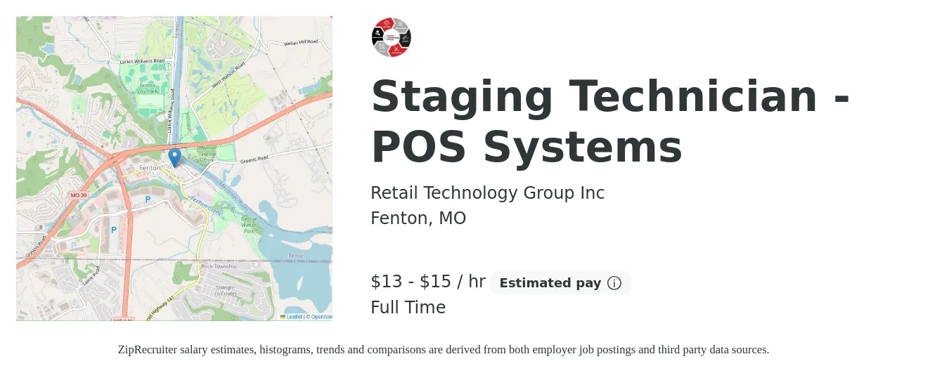 Retail Technology Group Inc job posting for a Staging Technician - POS Systems in Fenton, MO with a salary of $14 to $16 Hourly with a map of Fenton location.