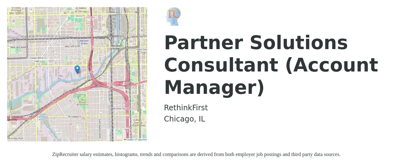 Rethink First job posting for a Partner Solutions Consultant (Account Manager) in Chicago, IL with a salary of $57,700 to $80,900 Yearly with a map of Chicago location.