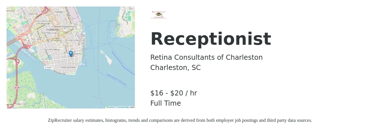 Retina Consultants of Charleston job posting for a Receptionist in Charleston, SC with a salary of $17 to $21 Hourly with a map of Charleston location.