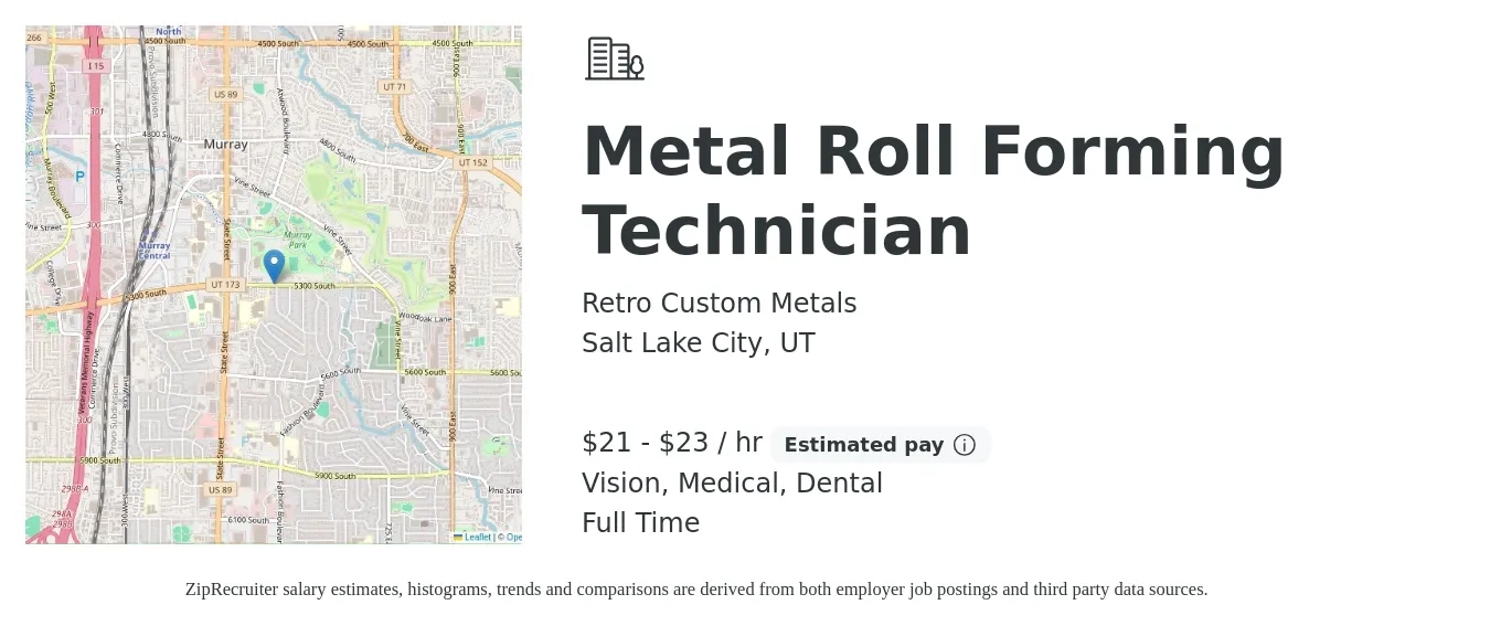 Retro Custom Metals job posting for a Metal Roll Forming Technician in Salt Lake City, UT with a salary of $22 to $24 Hourly and benefits including medical, pto, vision, and dental with a map of Salt Lake City location.