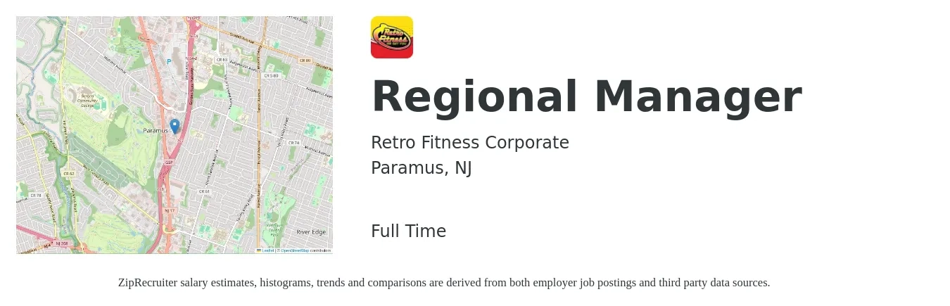 Retro Fitness Corporate job posting for a Regional Manager in Paramus, NJ with a map of Paramus location.