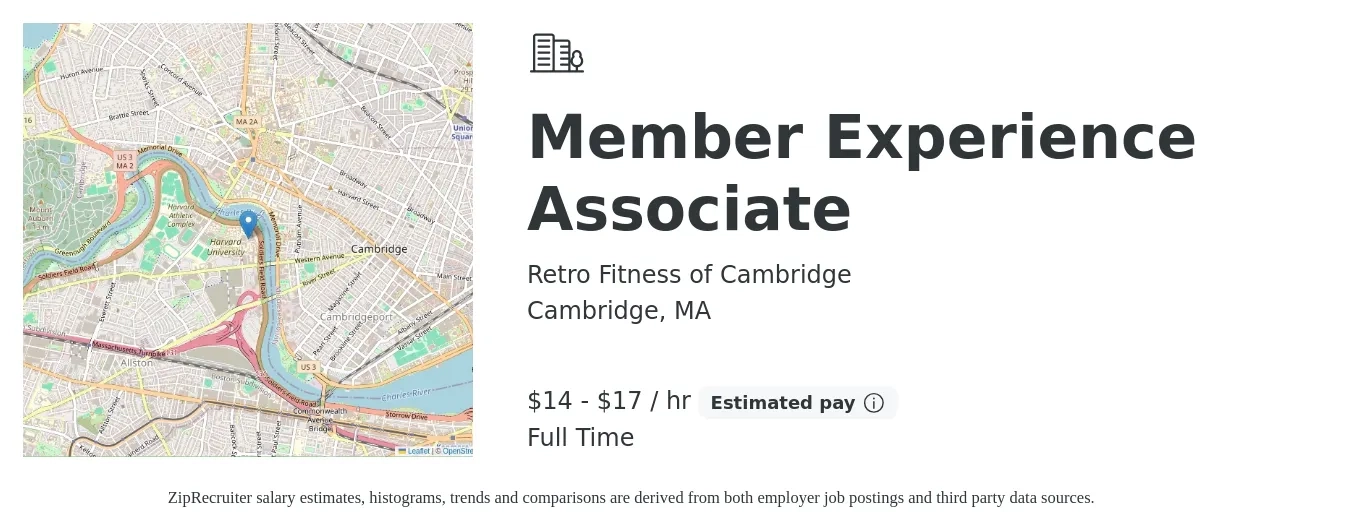 Retro Fitness of Cambridge job posting for a Member Experience Associate in Cambridge, MA with a salary of $16 to $18 Hourly with a map of Cambridge location.