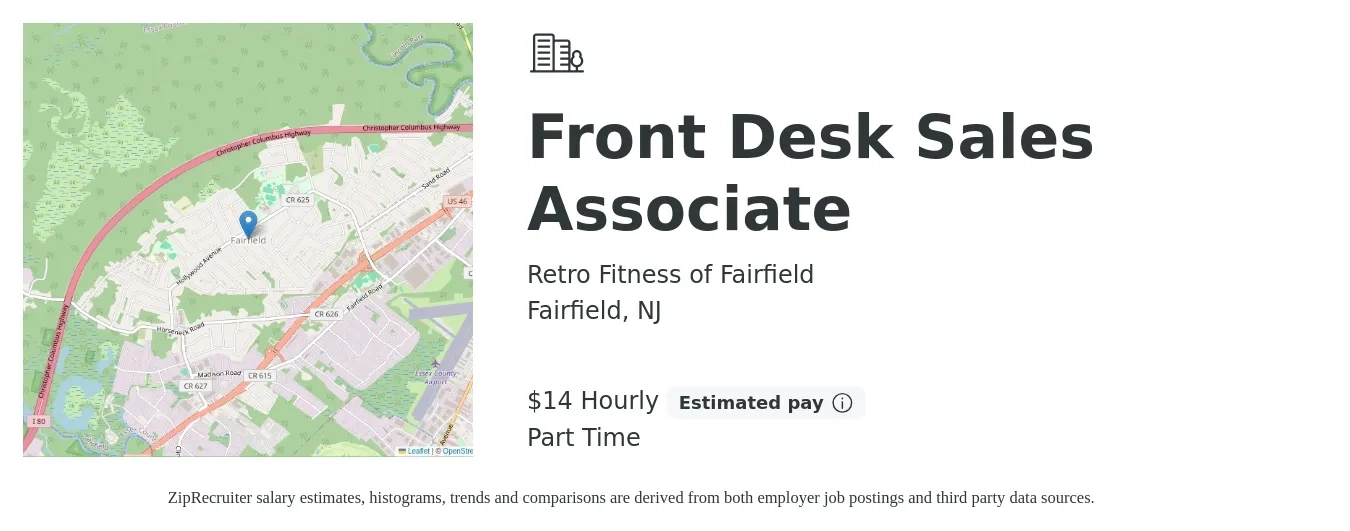 Retro Fitness of Fairfield job posting for a Front Desk Sales Associate in Fairfield, NJ with a salary of $15 Hourly with a map of Fairfield location.