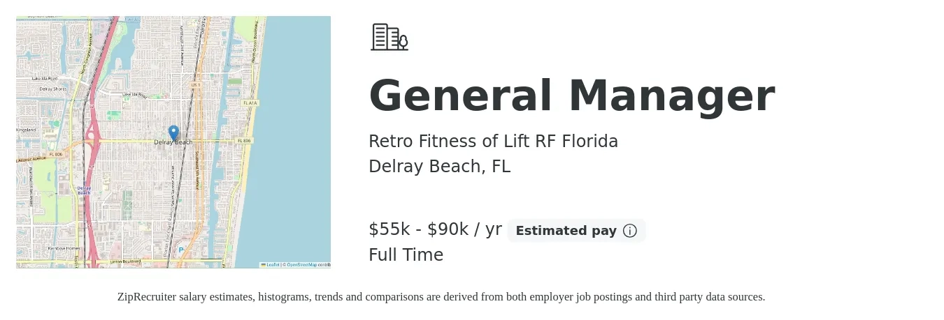 Retro Fitness of Lift RF Florida job posting for a General Manager in Delray Beach, FL with a salary of $55,000 to $90,000 Yearly with a map of Delray Beach location.