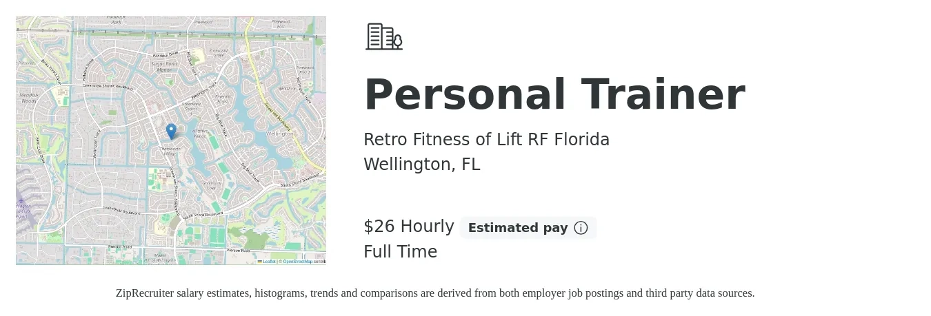 Retro Fitness of Lift RF Florida job posting for a Personal Trainer in Wellington, FL with a salary of $16 to $27 Hourly with a map of Wellington location.