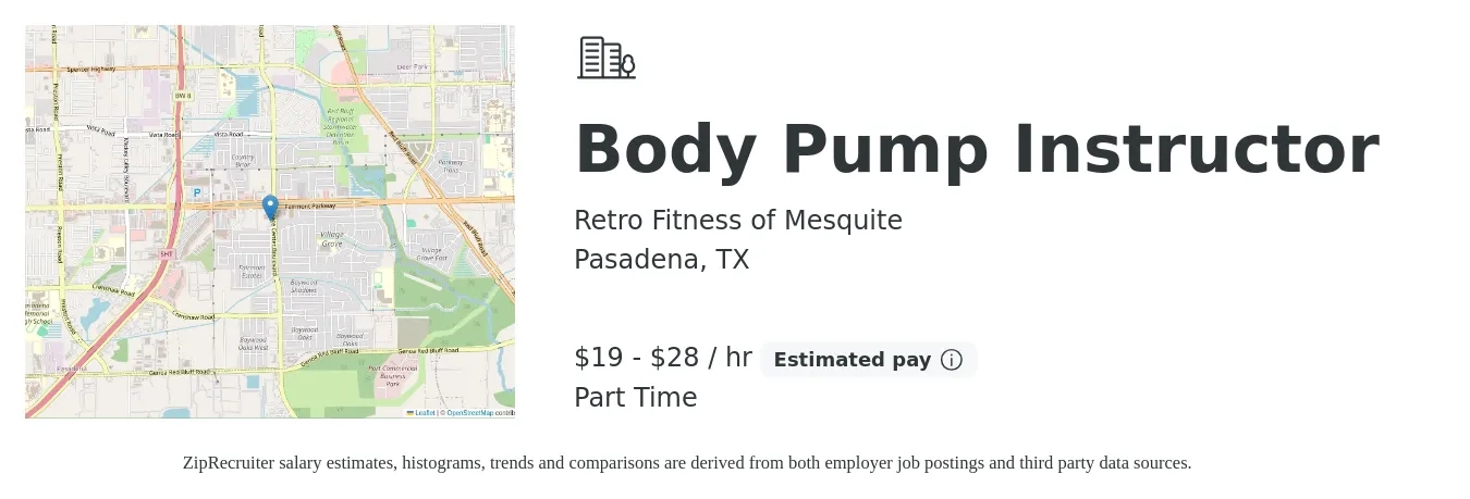 Retro Fitness of Mesquite job posting for a Body Pump Instructor in Pasadena, TX with a salary of $20 to $30 Hourly with a map of Pasadena location.