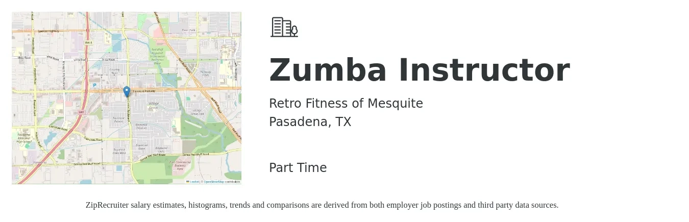 Retro Fitness of Mesquite job posting for a Zumba Instructor in Pasadena, TX with a salary of $16 to $28 Hourly with a map of Pasadena location.