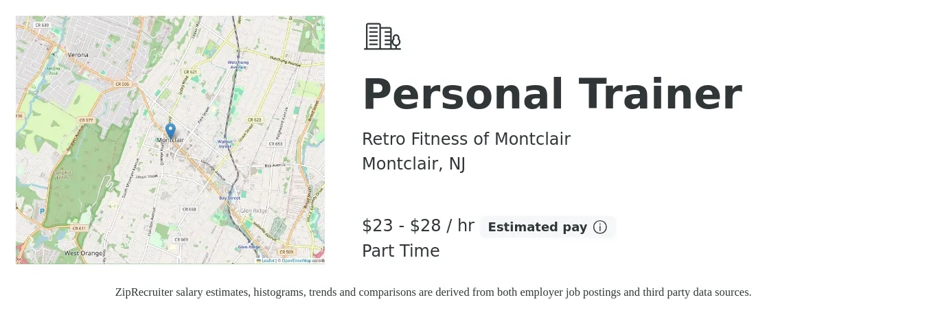 Retro Fitness of Montclair job posting for a Personal Trainer in Montclair, NJ with a salary of $24 to $30 Hourly with a map of Montclair location.