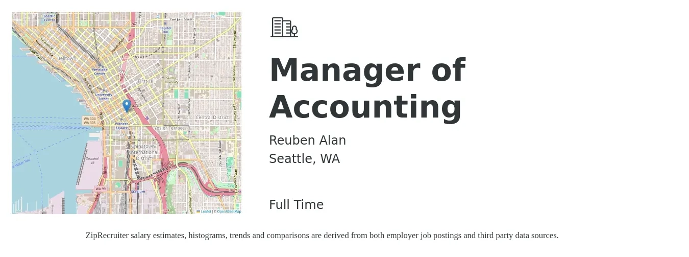 Reuben Alan job posting for a Manager of Accounting in Seattle, WA with a salary of $88,800 to $127,500 Yearly with a map of Seattle location.