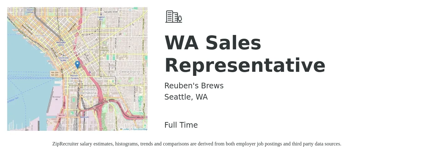 Reuben's Brews job posting for a WA Sales Representative in Seattle, WA with a salary of $60,900 to $105,800 Yearly with a map of Seattle location.