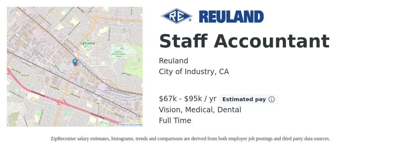 Reuland job posting for a Staff Accountant in City of Industry, CA with a salary of $67,000 to $95,000 Yearly and benefits including retirement, vision, dental, life_insurance, medical, and pto with a map of City of Industry location.