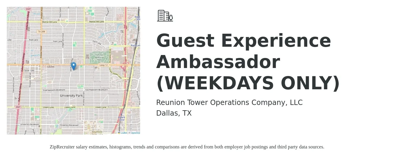 Reunion Tower Operations Company, LLC job posting for a Guest Experience Ambassador (WEEKDAYS ONLY) in Dallas, TX with a salary of $15 to $16 Hourly with a map of Dallas location.