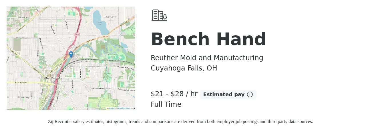 Reuther Mold and Manufacturing job posting for a Bench Hand in Cuyahoga Falls, OH with a salary of $22 to $30 Hourly with a map of Cuyahoga Falls location.