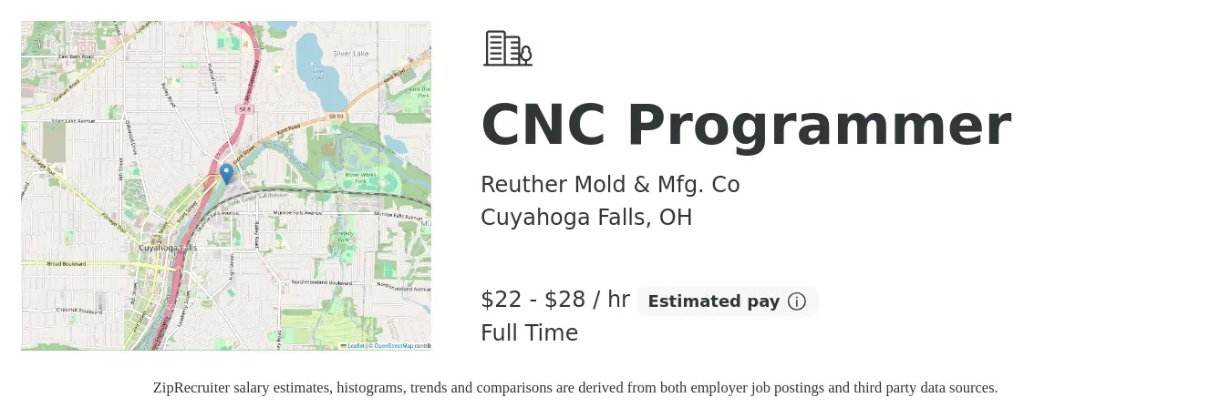Reuther Mold & Mfg. Co job posting for a CNC Programmer in Cuyahoga Falls, OH with a salary of $23 to $30 Hourly with a map of Cuyahoga Falls location.