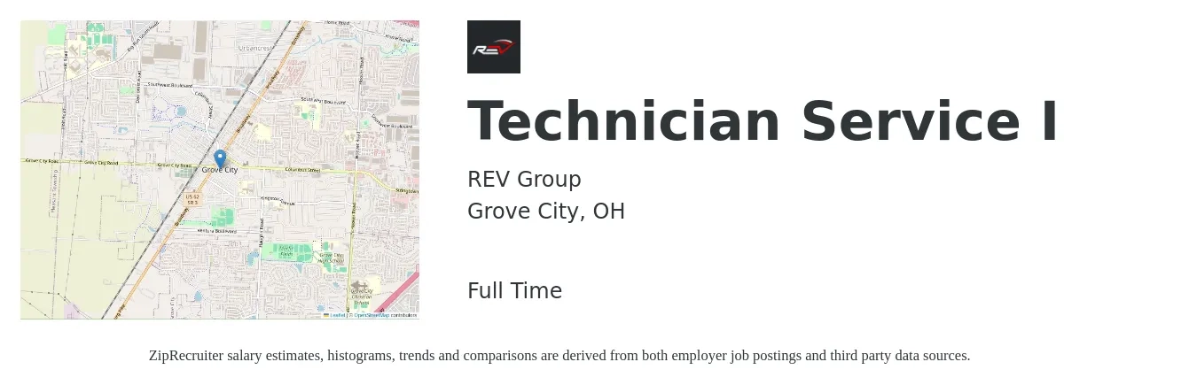 REV Group job posting for a Technician Service I in Grove City, OH with a salary of $19 to $26 Hourly with a map of Grove City location.