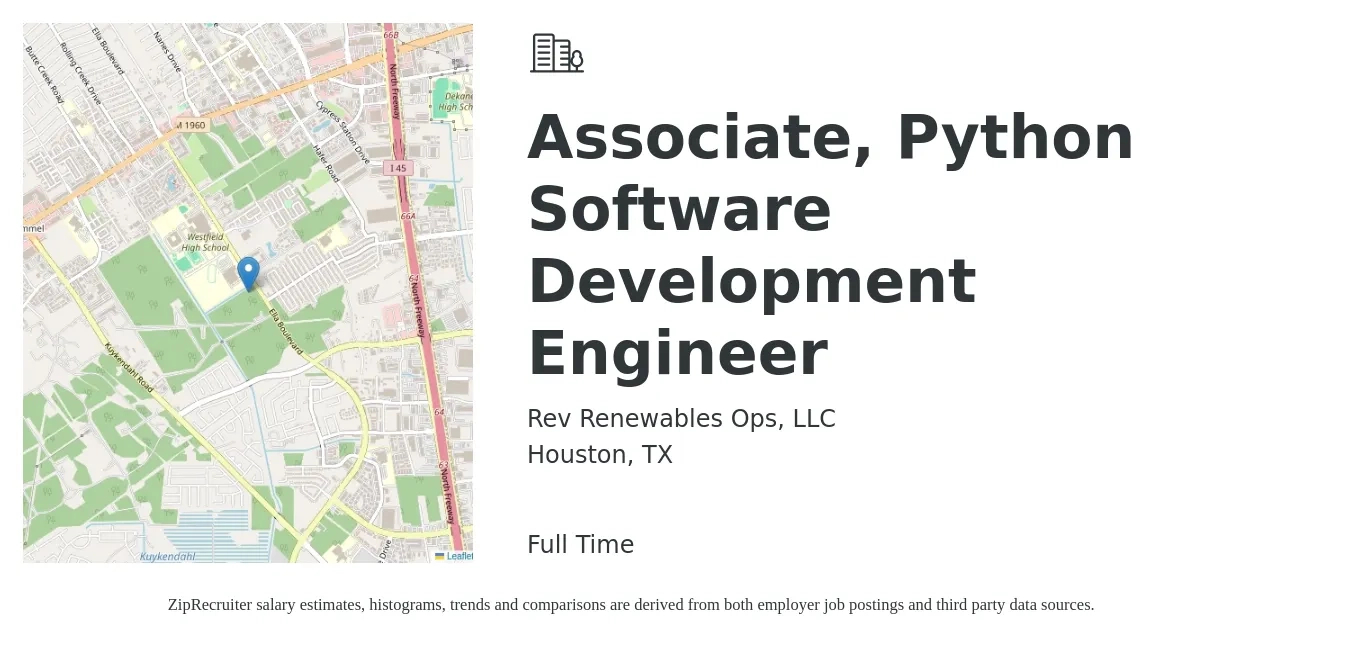 Rev Renewables Ops, LLC job posting for a Associate, Python Software Development Engineer in Houston, TX with a salary of $46 to $63 Hourly with a map of Houston location.