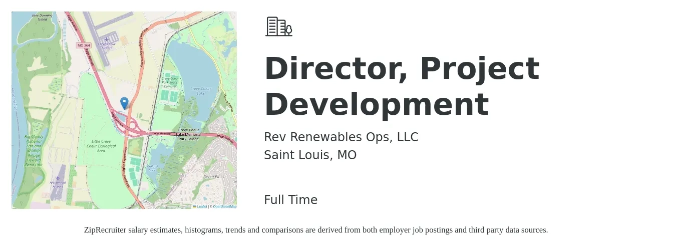 Rev Renewables Ops, LLC job posting for a Director, Project Development in Saint Louis, MO with a salary of $110,500 to $140,400 Yearly with a map of Saint Louis location.