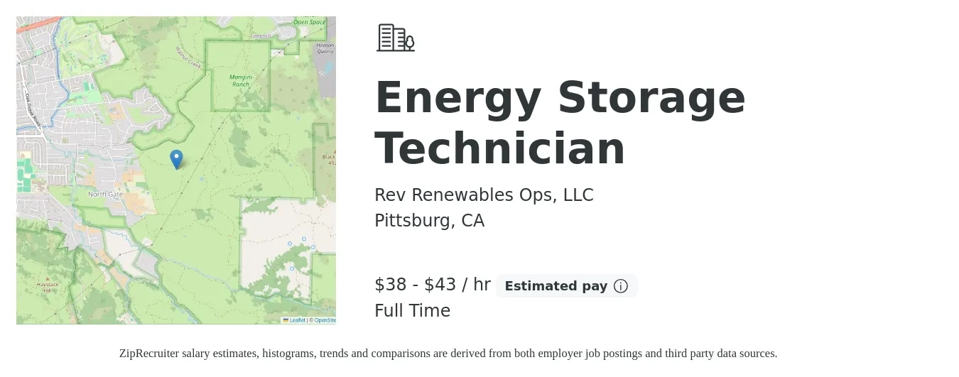 Rev Renewables Ops, LLC job posting for a Energy Storage Technician in Pittsburg, CA with a salary of $40 to $45 Hourly with a map of Pittsburg location.
