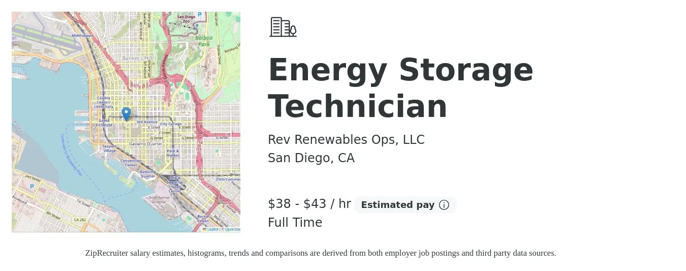 Rev Renewables Ops, LLC job posting for a Energy Storage Technician in San Diego, CA with a salary of $40 to $45 Hourly with a map of San Diego location.